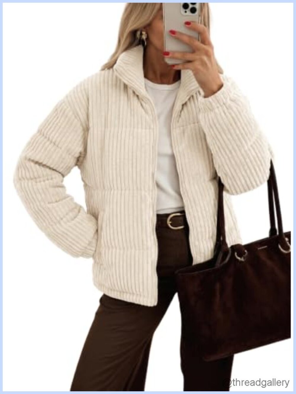 Cropped Corduroy Jacket Zip Up Stand Collar Casual Coat Women's